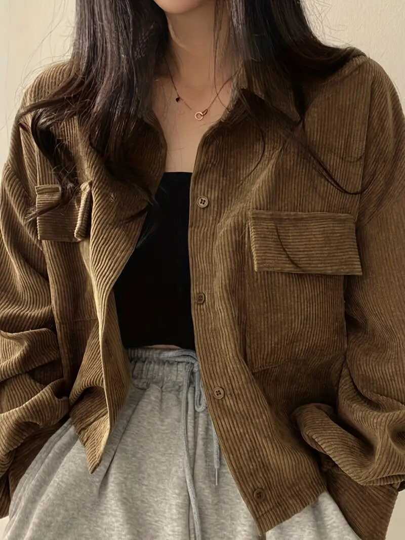 Button Front Flap Pockets Jacket, Casual Long Sleeve Jacket For Fall & Winter, Women's Clothing