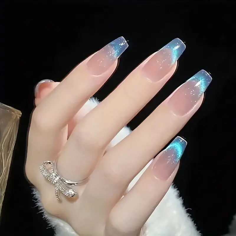 24pcs Aurora Blue Gradient Press On Nails, Glitter Fake Nails With Chameleon Effect, Long Ballet Shape Sparkle False Nails For Women Girls