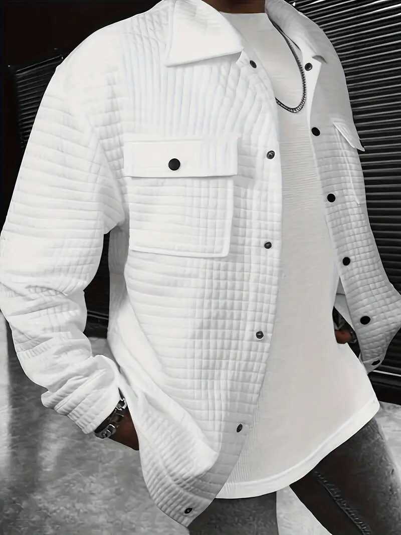 Plus Size Men's Casual Waffle Shirt, Spring Fall Solid Cargo Shirt With Pockets, Men's Clothing