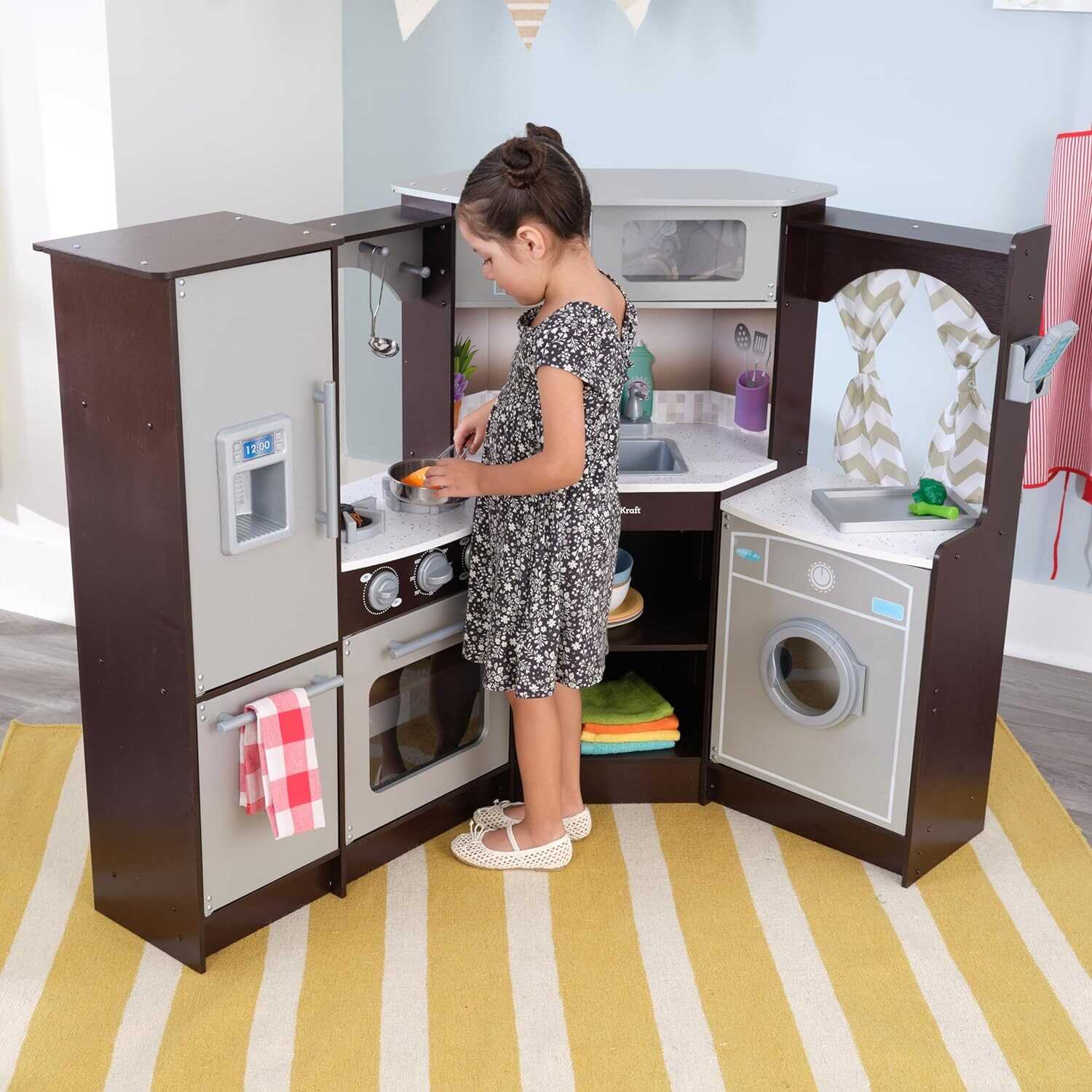 KidKraft Ultimate Corner Wooden Play Kitchen with Lights & Sounds, Play Phone and Curtains, Espresso, Gift for Ages 3+