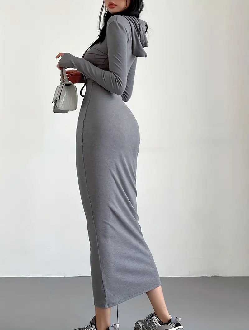 Drawstring Hooded Dress, Casual Long Sleeve Bodycon Dress, Women's Clothing